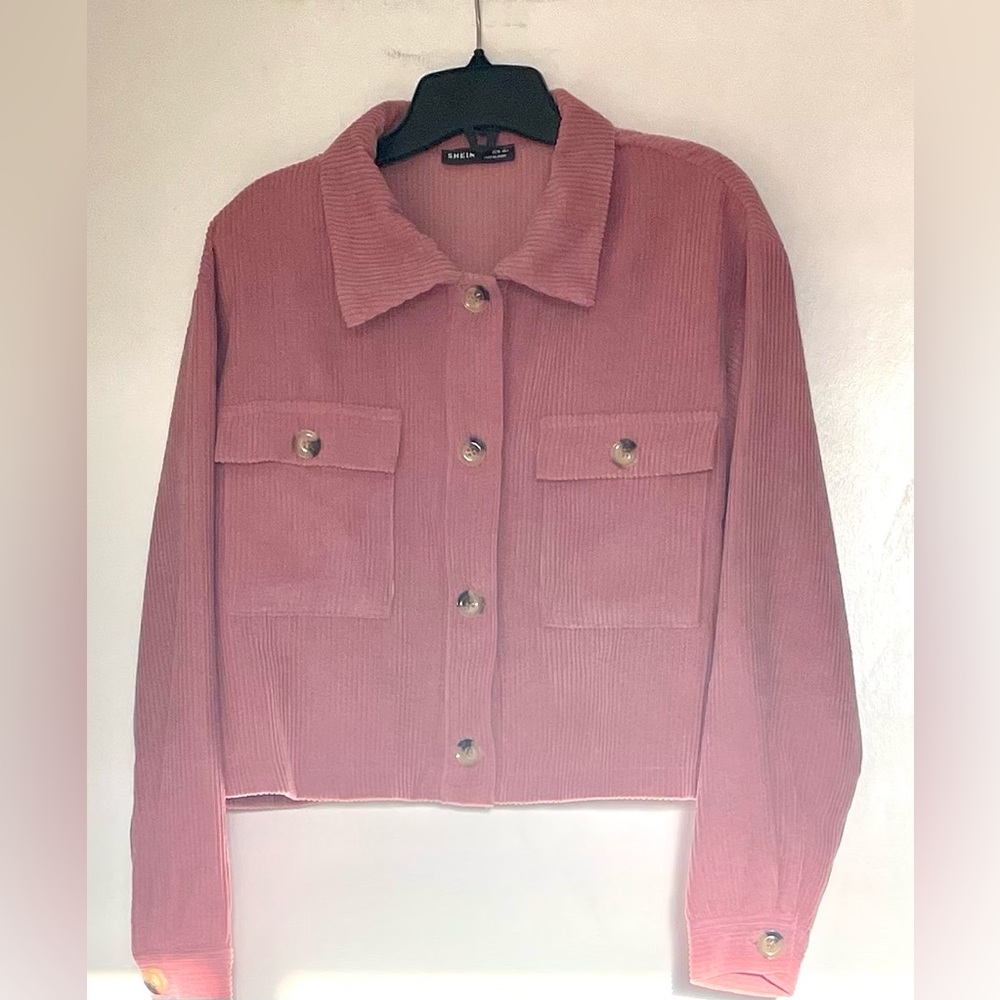 SHEIN Frayed Edge Short Pink Corduroy Jacket Without Buckle, small